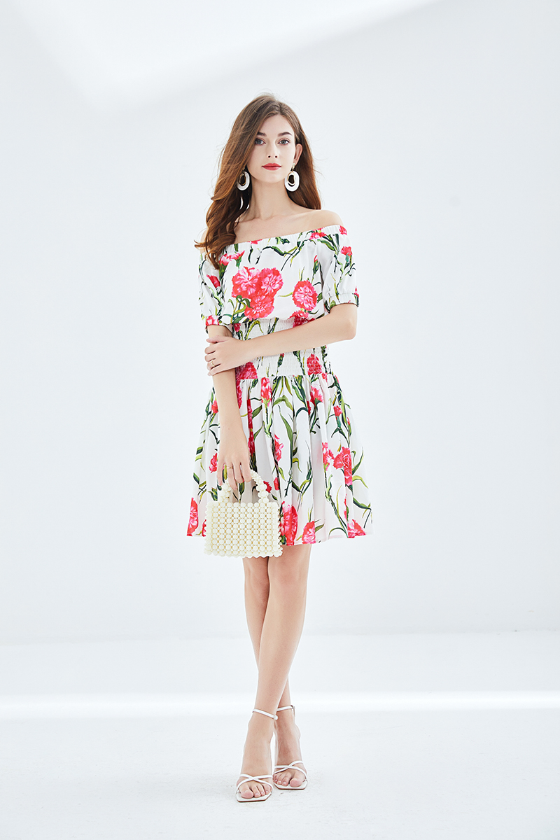 Pinched waist rose spring and summer strapless elastic dress