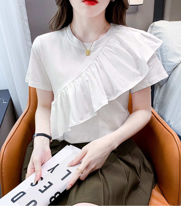 Lotus leaf edges tops pure cotton T-shirt for women