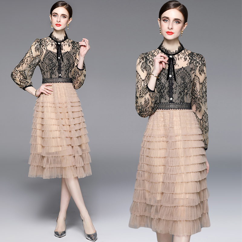 France style splice light cake pinched waist lace dress