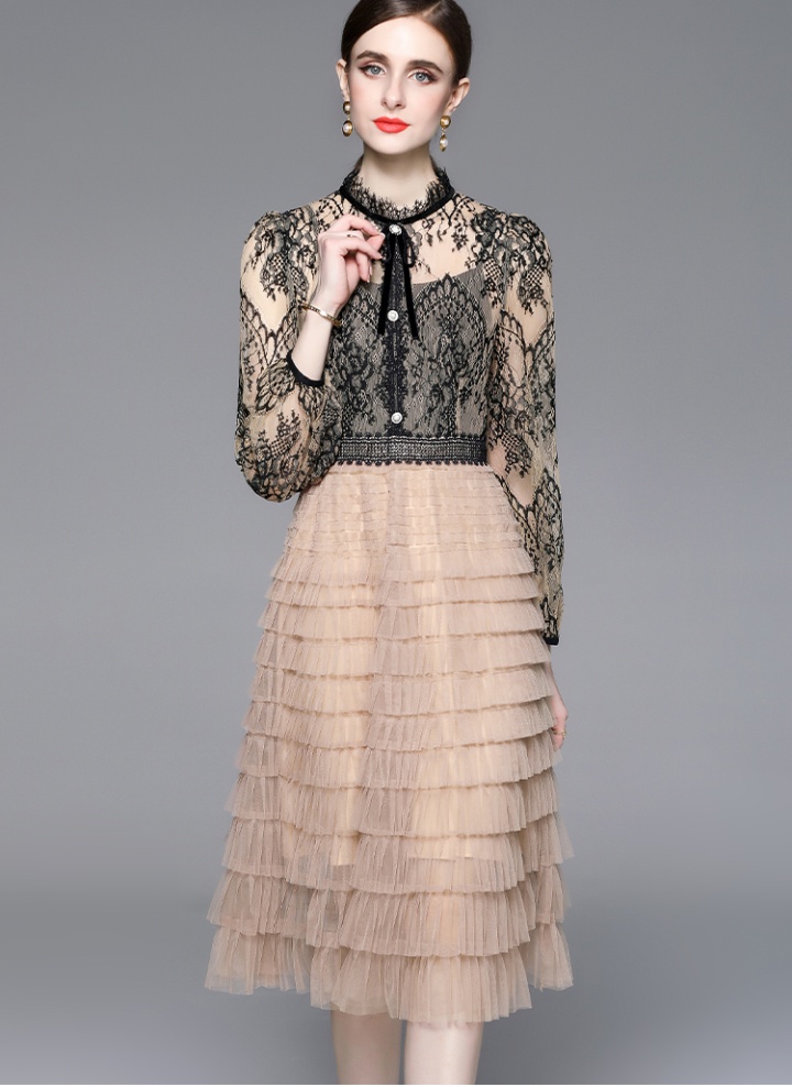 France style splice light cake pinched waist lace dress