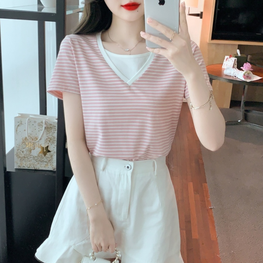 Short sleeve pullover tops Pseudo-two Korean style T-shirt