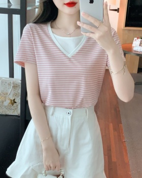 Short sleeve pullover tops Pseudo-two Korean style T-shirt