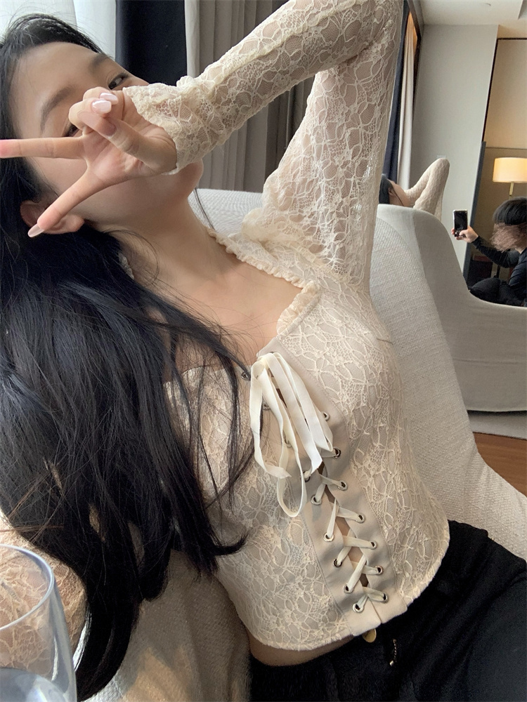 Bandage autumn long sleeve lace square collar tops