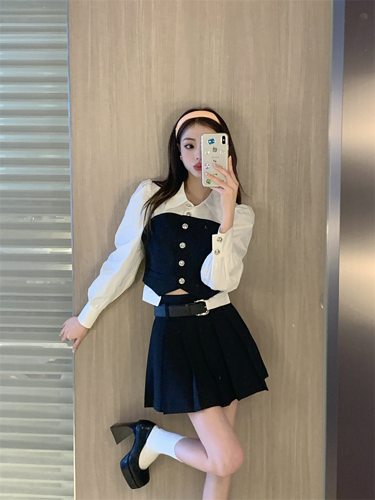 Pleated autumn tops Pseudo-two long sleeve skirt a set