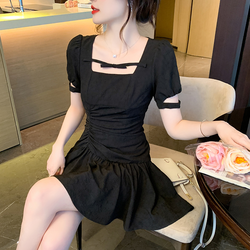 Black spring and autumn T-back slim pinched waist dress