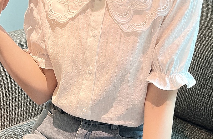 Puff sleeve lace tops double collar shirt for women