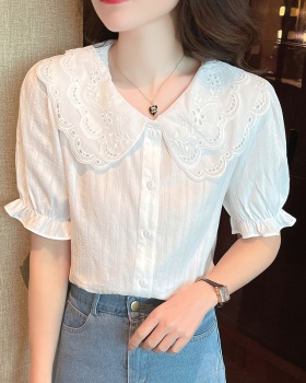 Puff sleeve lace tops double collar shirt for women