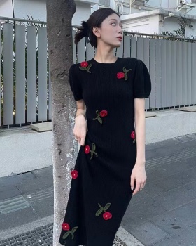 Black knitted retro dress rose flowers long dress for women