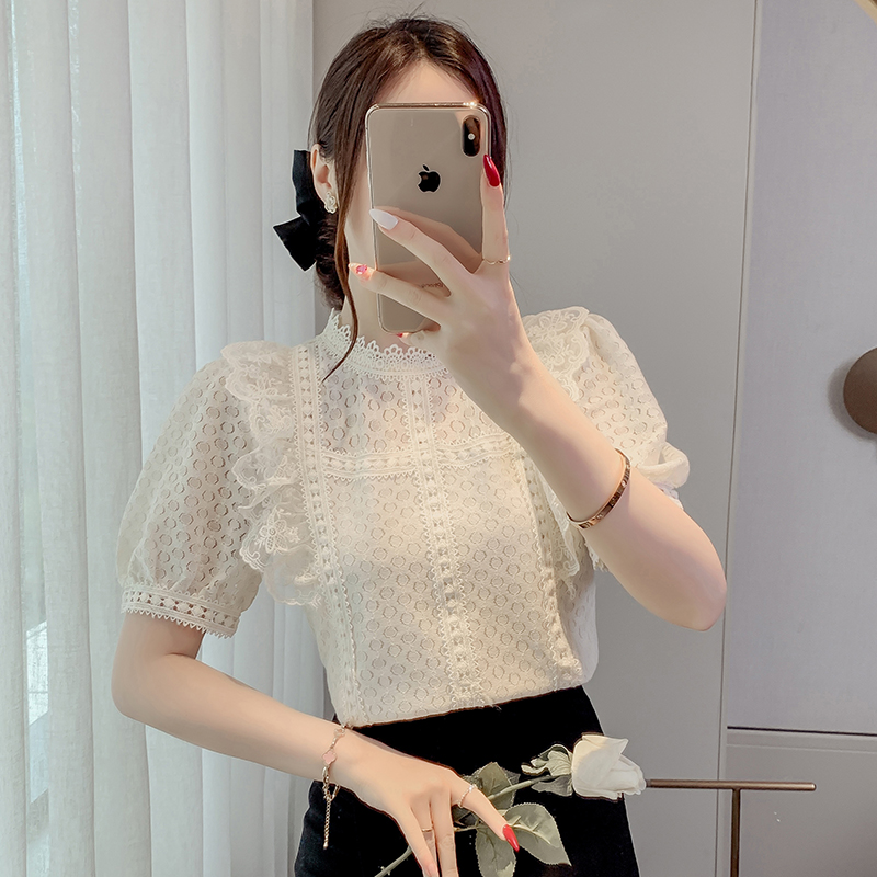 Korean style splice lace all-match summer round neck shirts