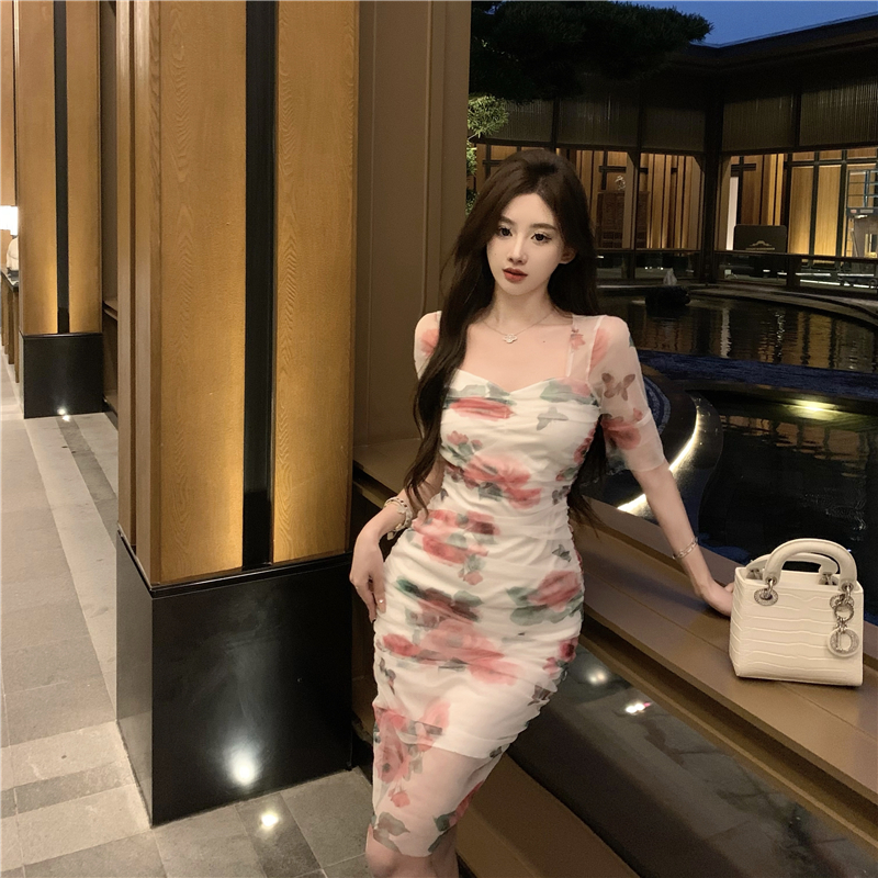 Seaside fold Korean style vacation printing dress