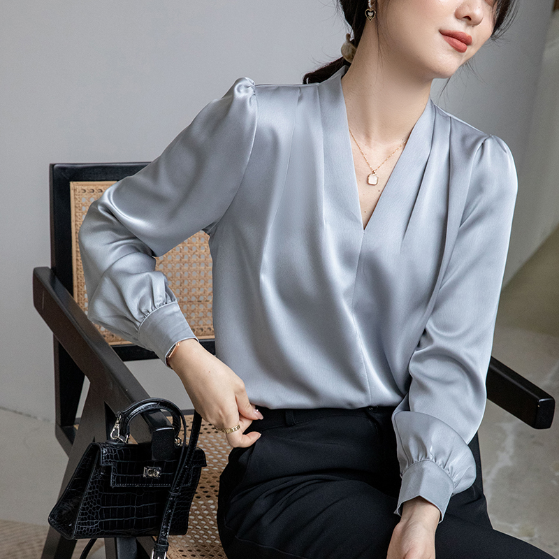 Korean style satin V-neck shirt slim long sleeve tops