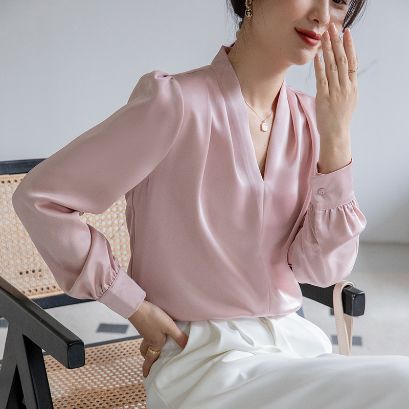 Korean style satin V-neck shirt slim long sleeve tops