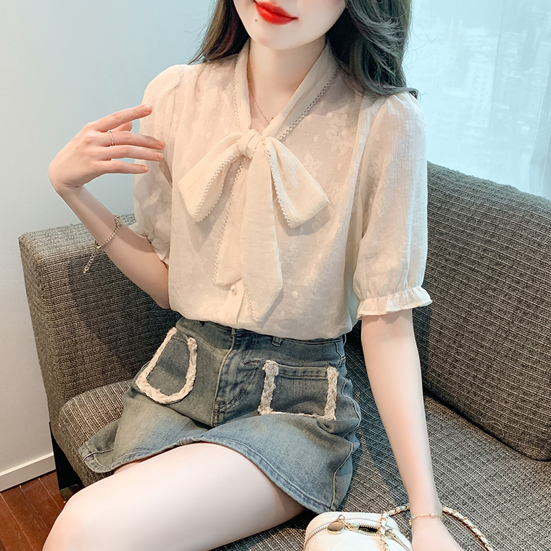 Short sleeve splice summer shirt Korean style bow tops