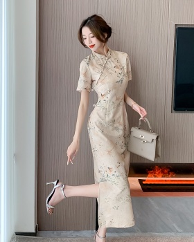 Printing cheongsam pinched waist dress for women