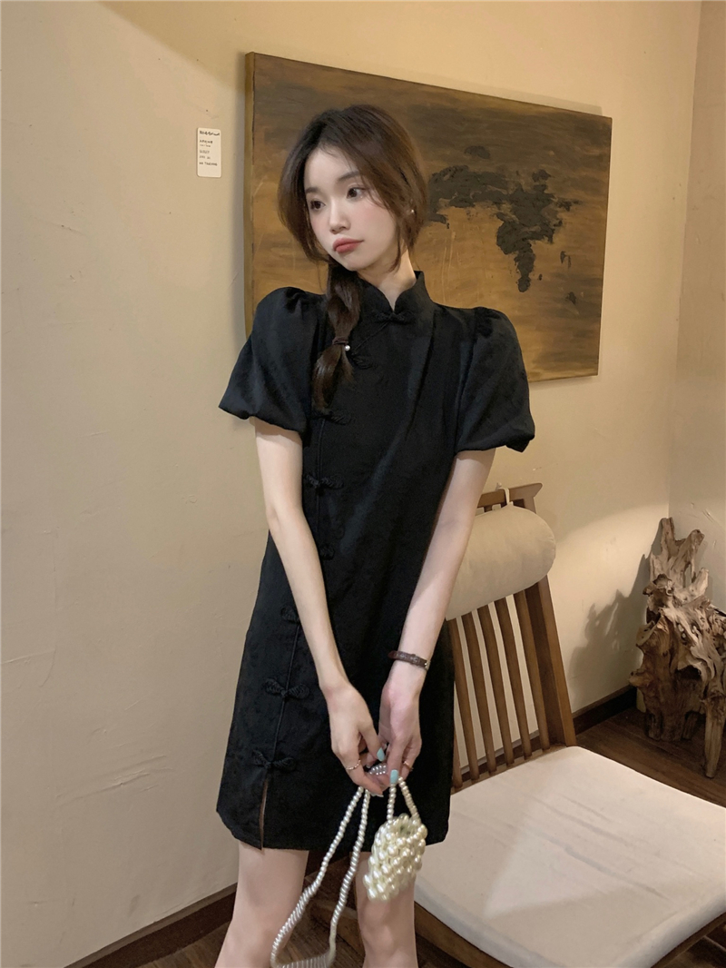 Puff sleeve cstand collar cheongsam Chinese style sweet dress