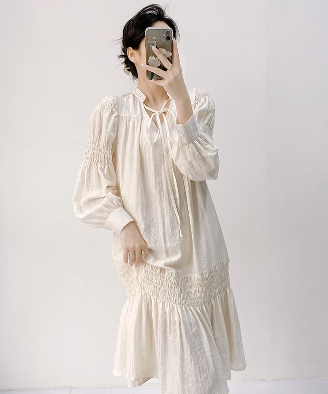 Frenum doll temperament long dress white V-neck spring dress