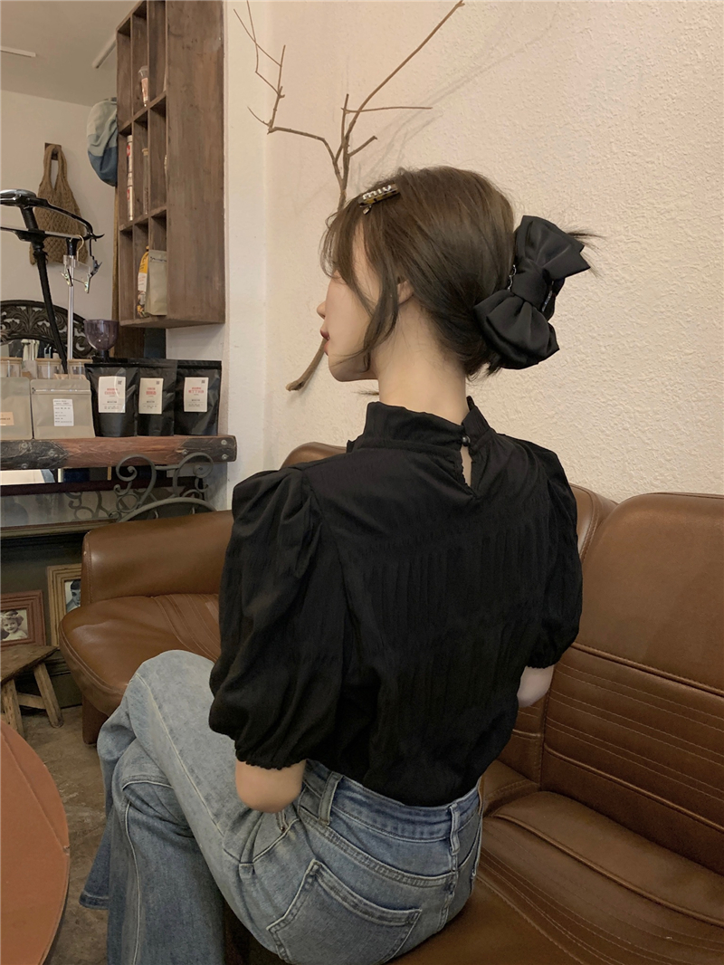 Unique puff sleeve fold shirt France style retro tops
