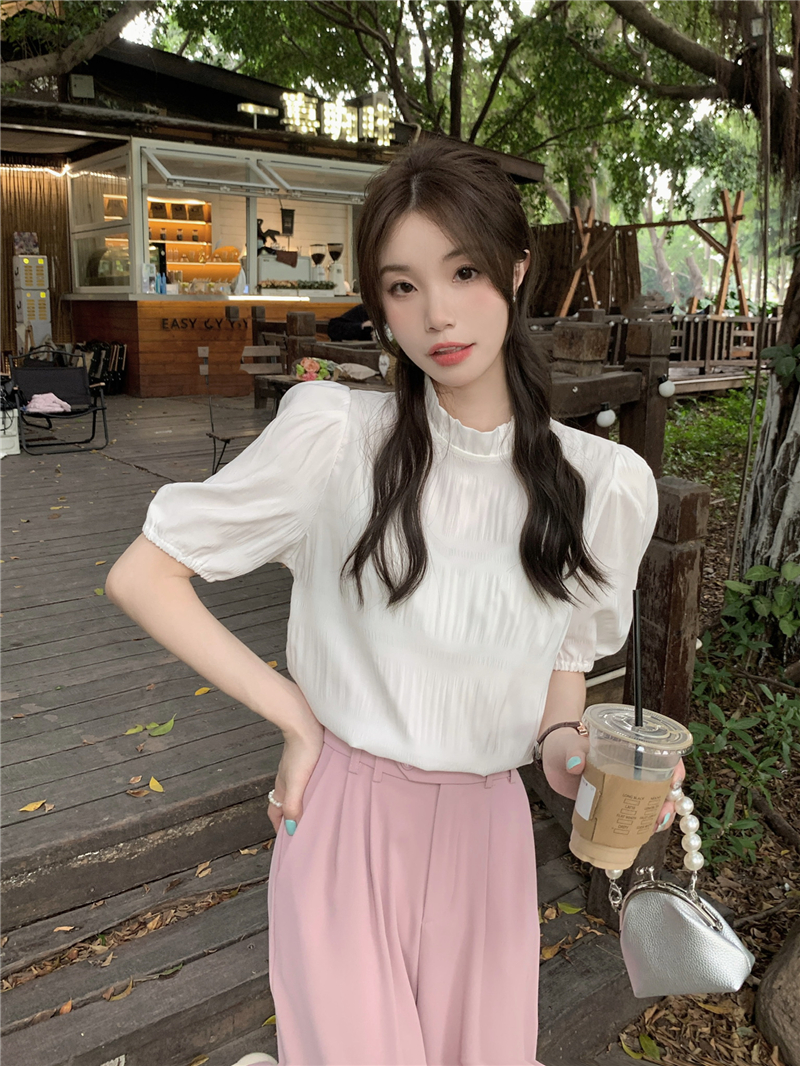 Unique puff sleeve fold shirt France style retro tops