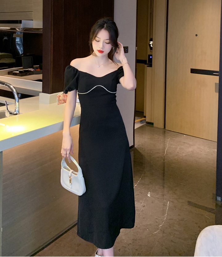 Retro slim square collar summer black dress for women