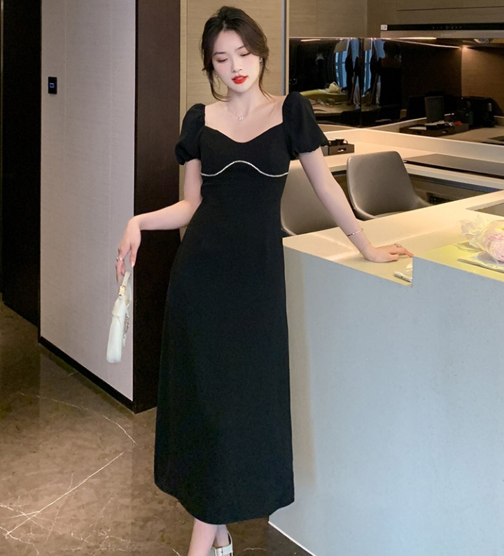 Retro slim square collar summer black dress for women