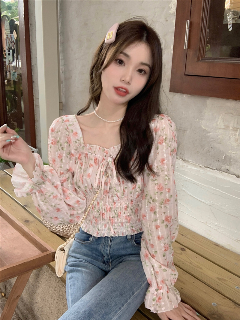 Korean style sweet short shirt long sleeve square collar tops