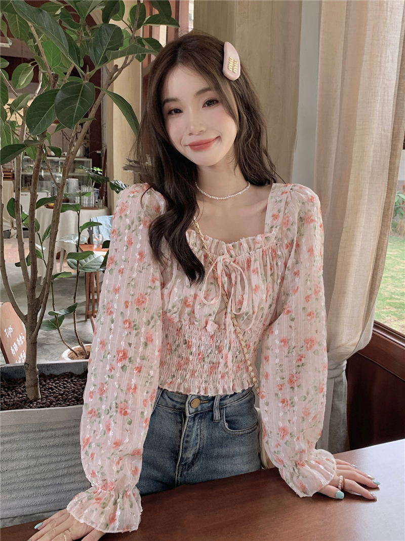 Korean style sweet short shirt long sleeve square collar tops