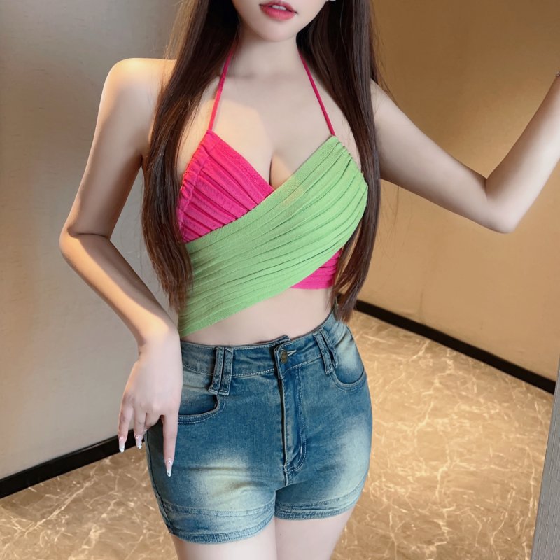 Sexy knitted sling vest hollow short halter tops for women