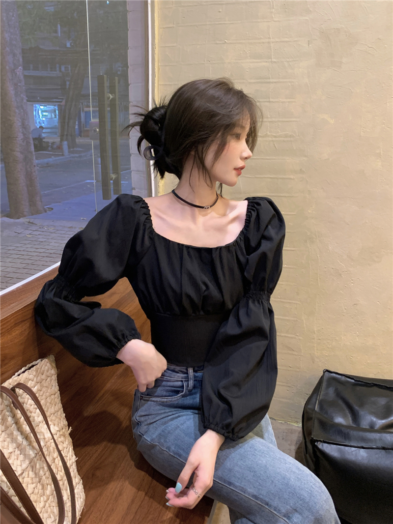 Puff sleeve long sleeve clavicle bow tops for women