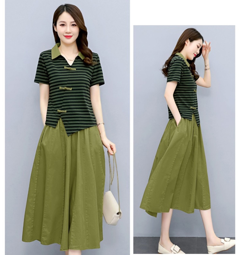 Retro irregular summer dress cotton linen stripe skirt 2pcs set