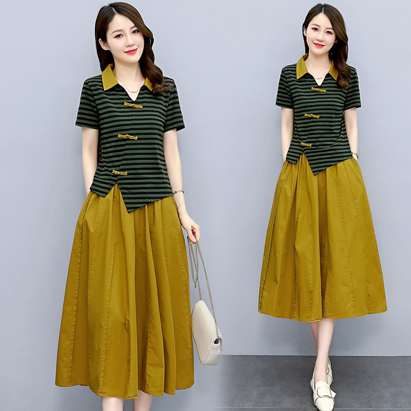 Retro irregular summer dress cotton linen stripe skirt 2pcs set