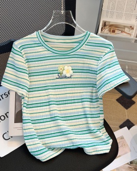 Round neck summer T-shirt embroidered stripe tops for women