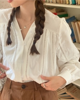Lace V-neck Korean style hollow long sleeve shirt
