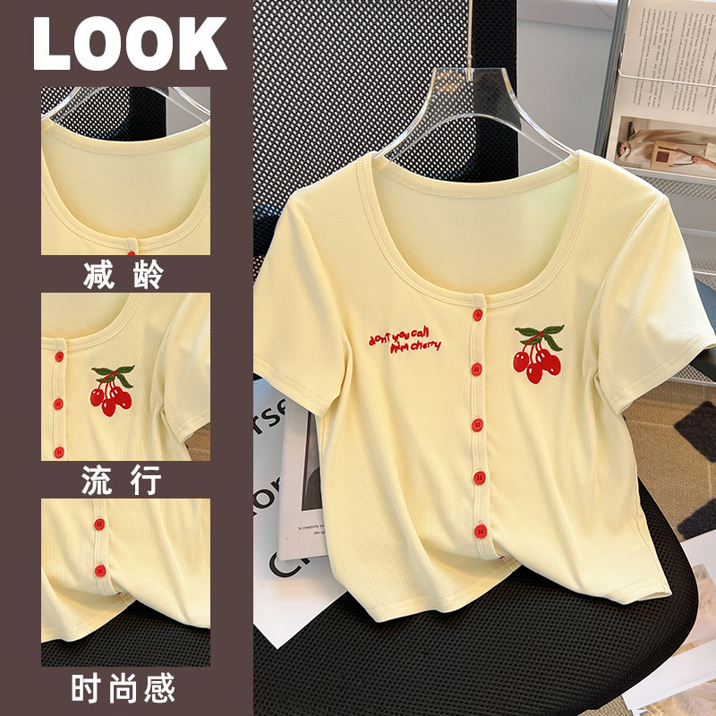 Embroidery summer T-shirt small short cherry tops for women