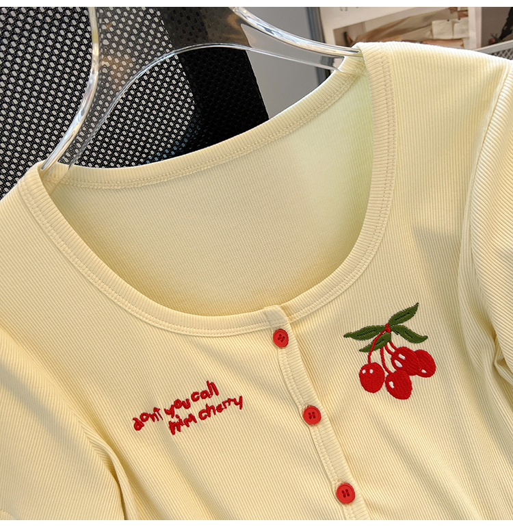Embroidery summer T-shirt small short cherry tops for women