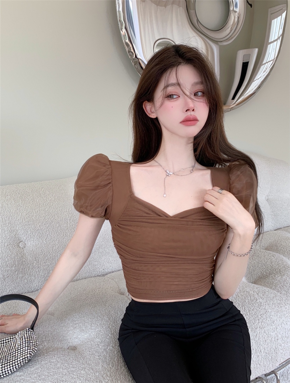 Maiden fold tops square collar bottoming shirt for women