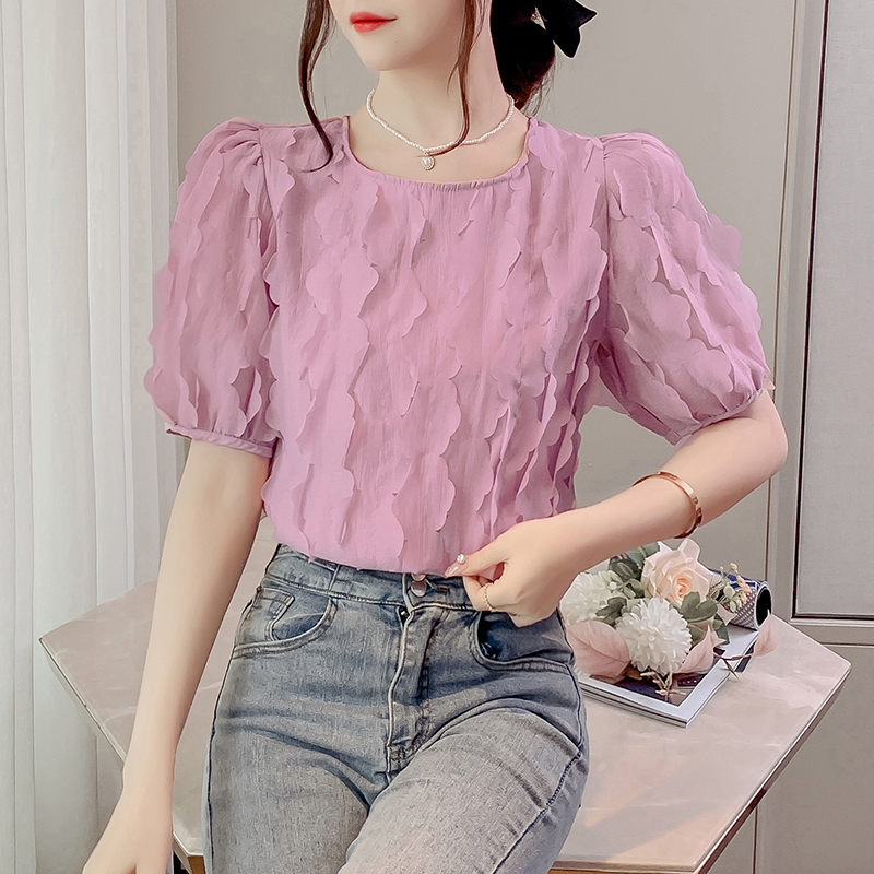 Embroidered round neck shirt short sleeve tops for women