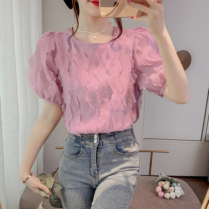 Embroidered round neck shirt short sleeve tops for women