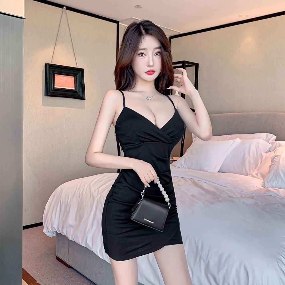 Fold low-cut sexy sling tight dress for women