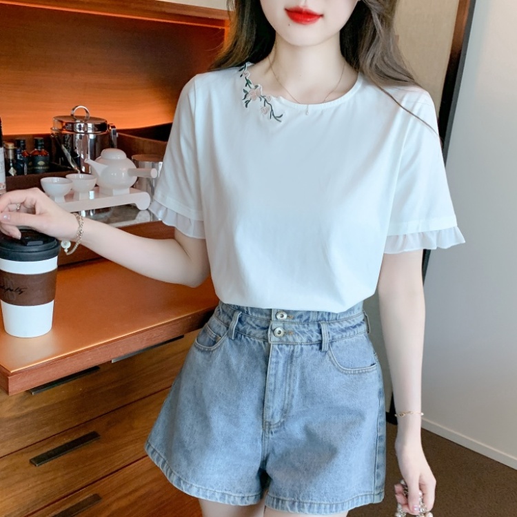 Embroidery splice tops chiffon pullover T-shirt
