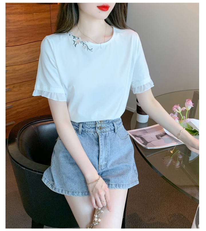 Embroidery splice tops chiffon pullover T-shirt
