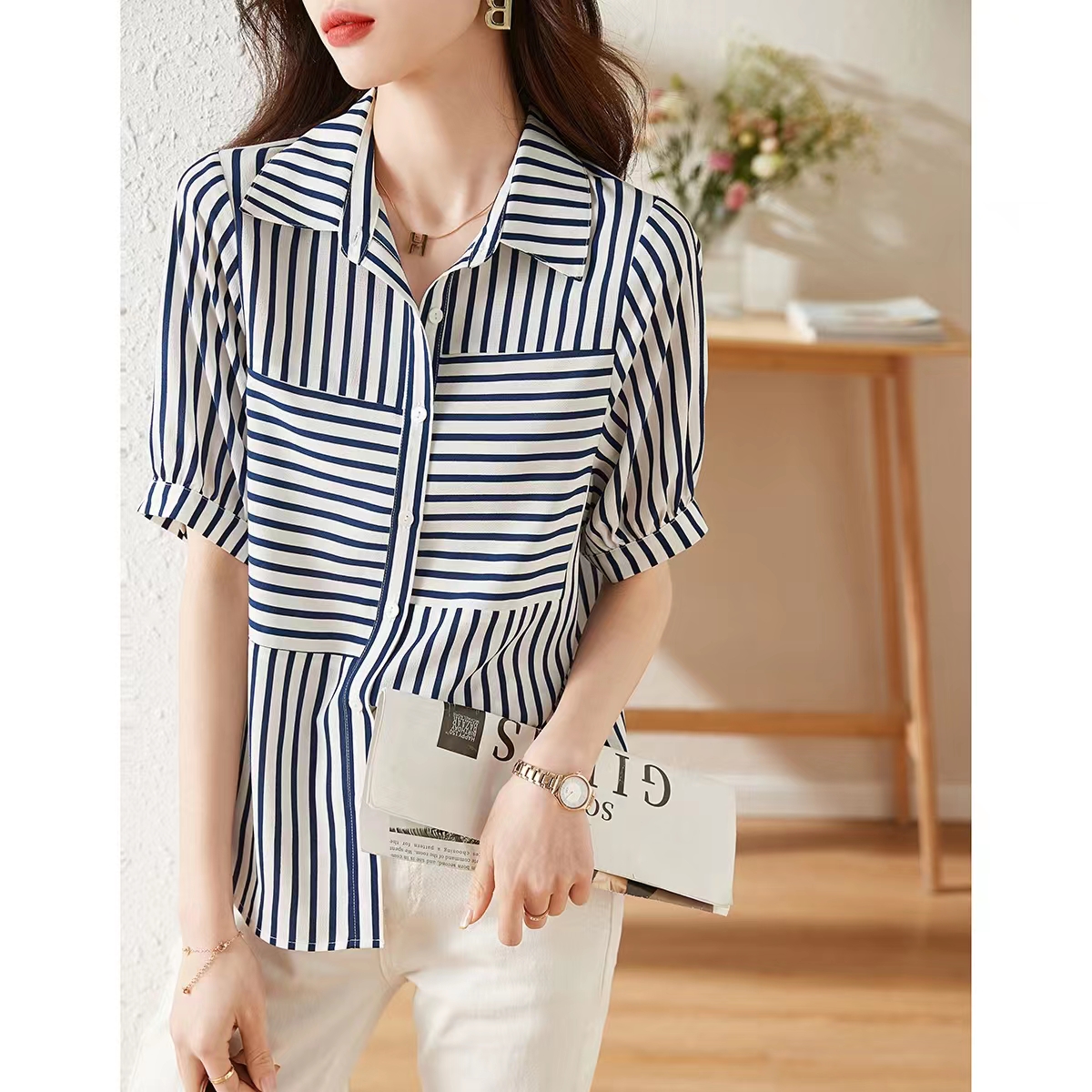 Cozy all-match breathable stripe loose shirt for women
