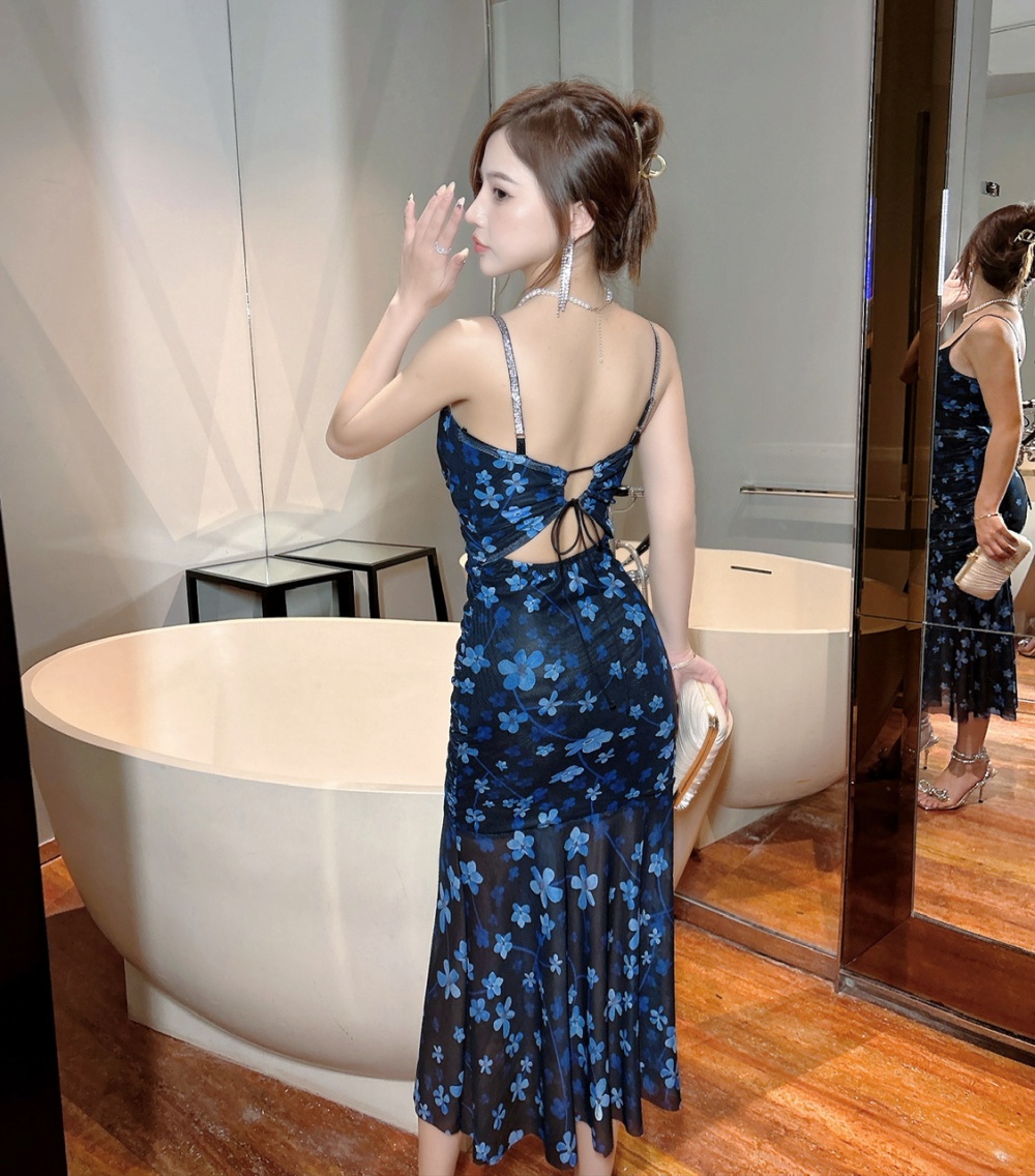 Navy-blue slim mermaid sling printing sexy dress