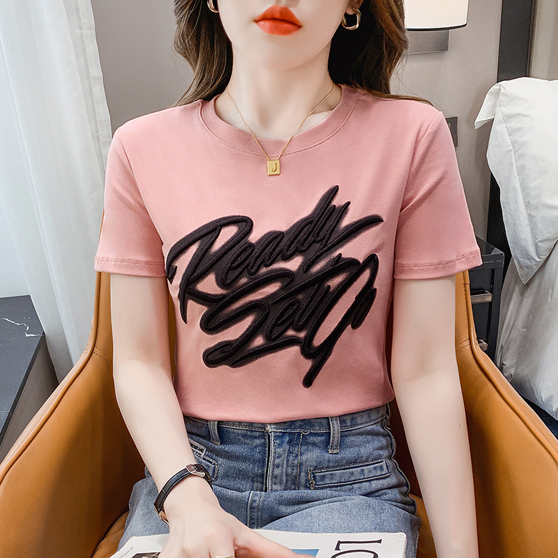 Korean style embroidery pure cotton T-shirt