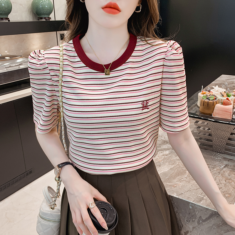 Short sleeve France style tops stripe T-shirt for women
