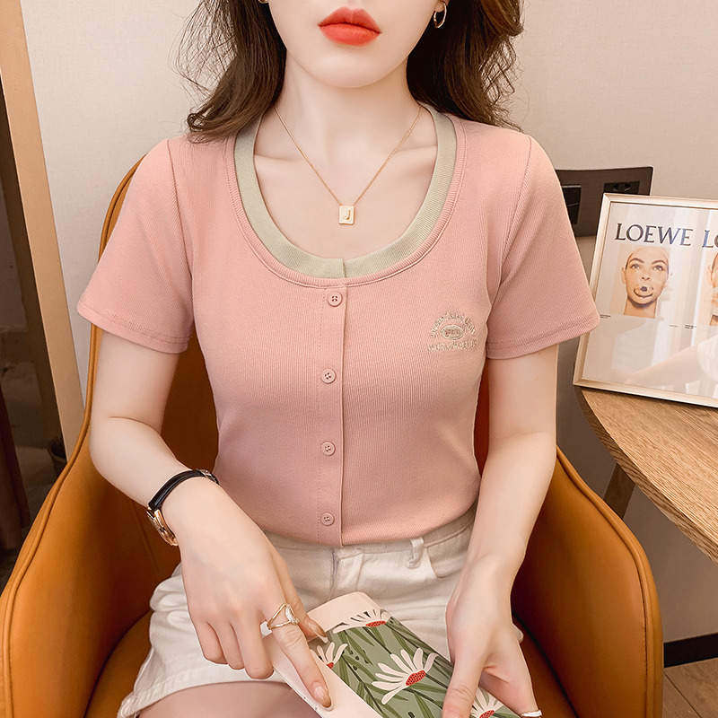 Short sleeve T-shirt square collar tops for women