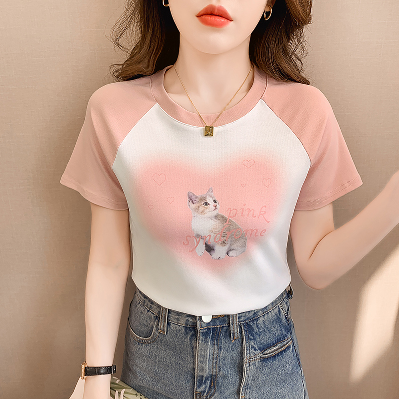 Navel printing short T-shirt heart spicegirl tops for women