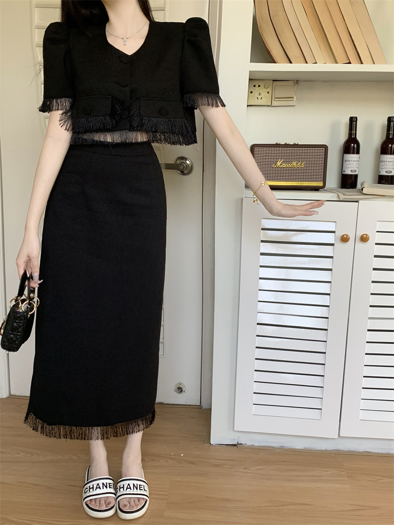 High waist tassels tops summer long skirt 2pcs set