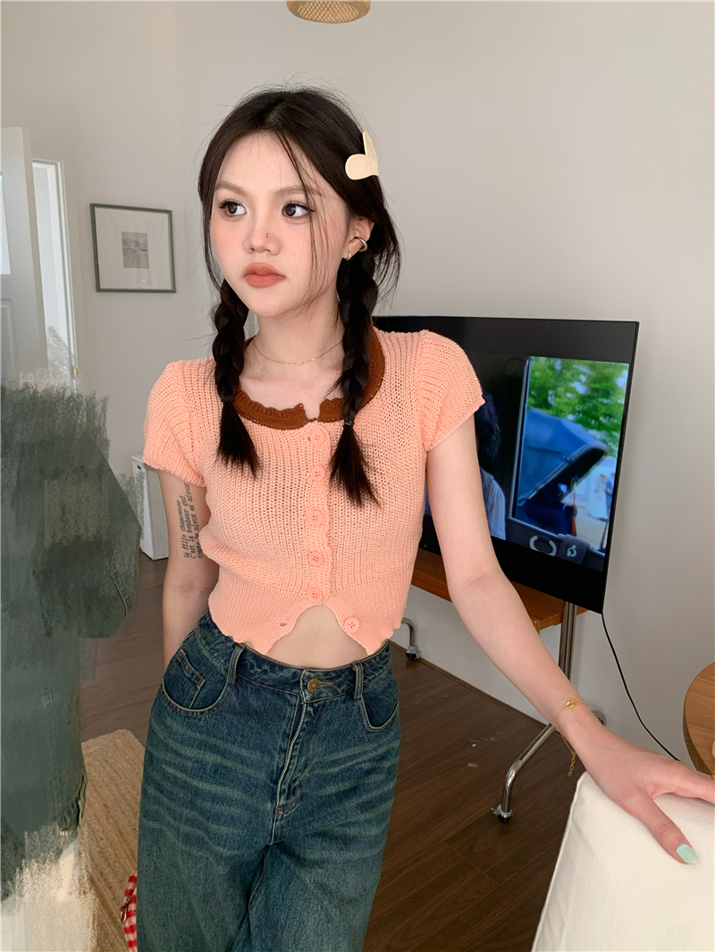 Knitted mixed colors tops short sleeve cardigan