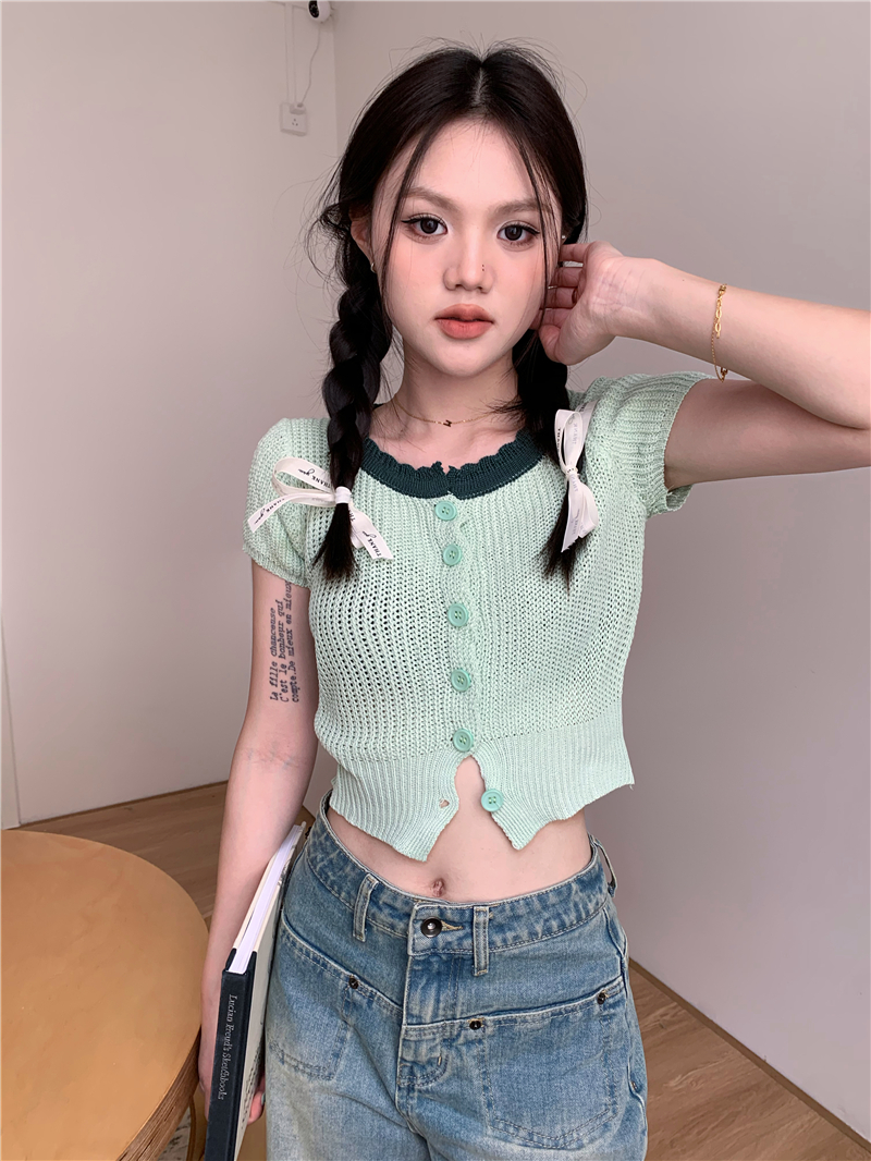Knitted mixed colors tops short sleeve cardigan