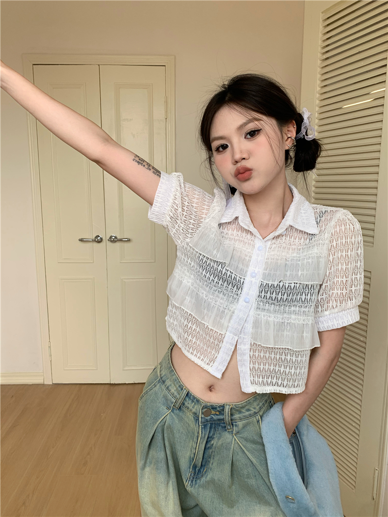 France style lace short hollow all-match unique tops